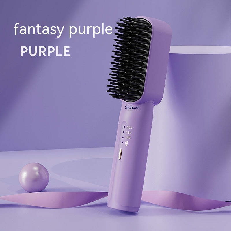 Mini USB rechargeable hair straightening comb with 3 temperature settings in a portable gift box