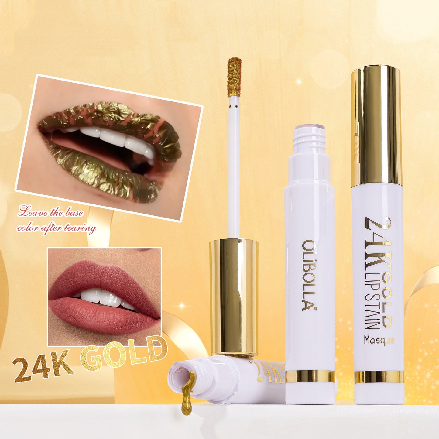 Glaze Lèvres Or 24K – Effet Tear & Pull, Waterproof & Longue Tenue, 4 Teintes