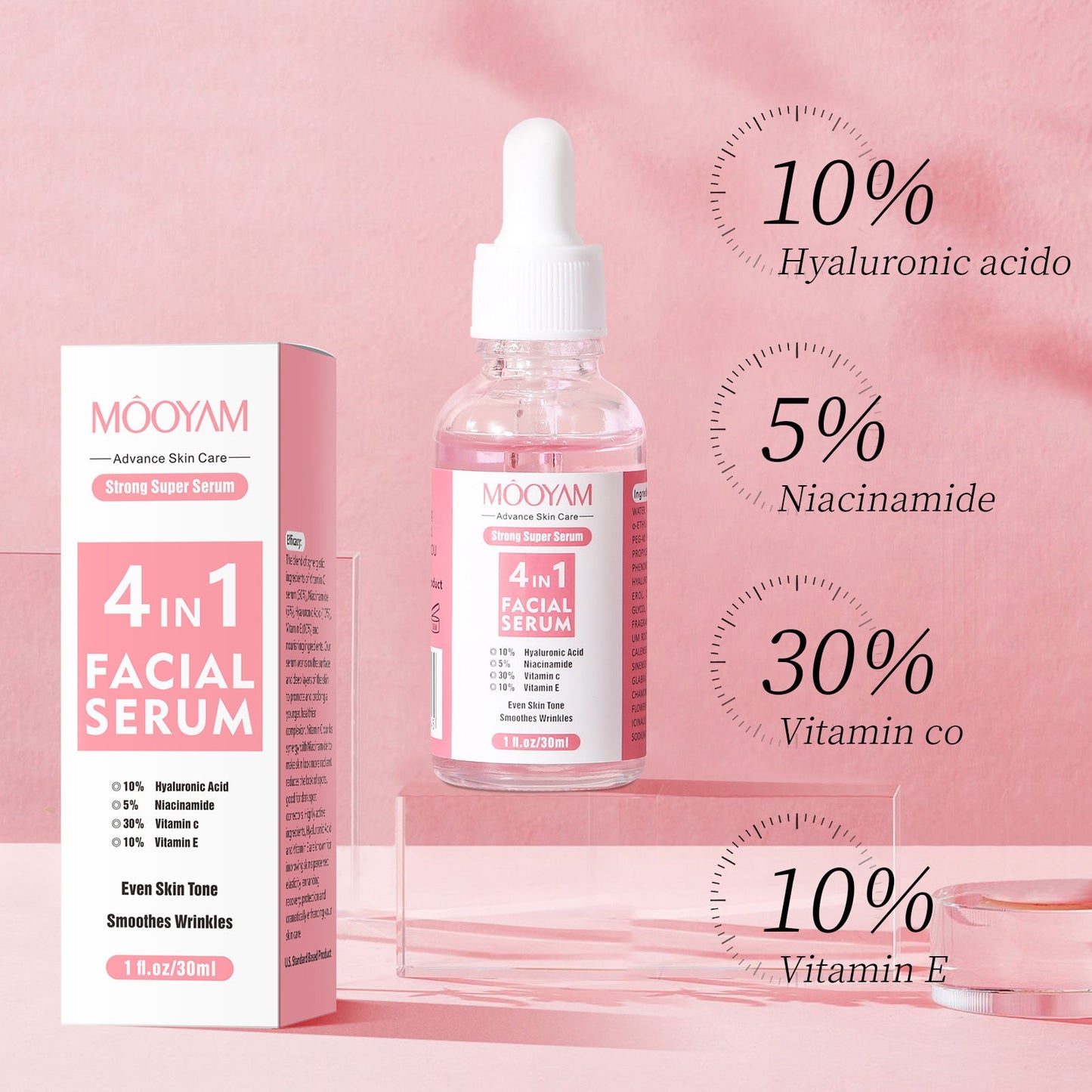 Flacon de sérum visage 4-en-1 avec acide hyaluronique pour hydratation et éclat