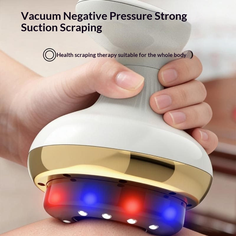 Masseur Gua Sha électrique rechargeable avec ventouses pour massage et stimulation des méridiens, disponible en or et rouge.