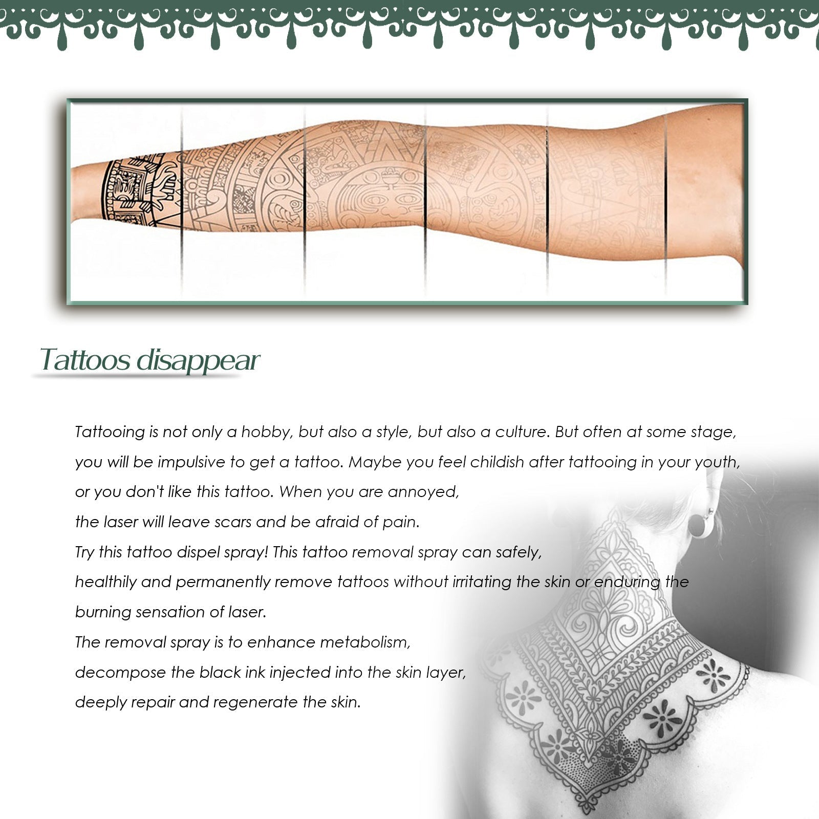 Spray effaceur de tatouage aux algues vertes pour réduction naturelle de la mélanine et des pigments, flacon 30ml