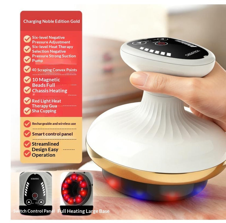Masseur Gua Sha électrique rechargeable avec ventouses et contrôle de température pour massage méridien et abdominal, disponible en or et rouge.
