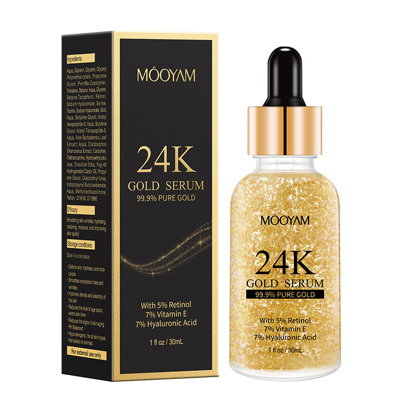 24K Gold Foil face serum bottle with vitamin E and retinol for anti-aging and skin lifting, 30ml packaging