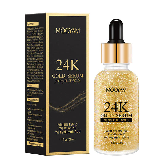 24K Gold Foil face serum bottle with vitamin E and retinol for anti-aging and skin lifting, 30ml packaging
