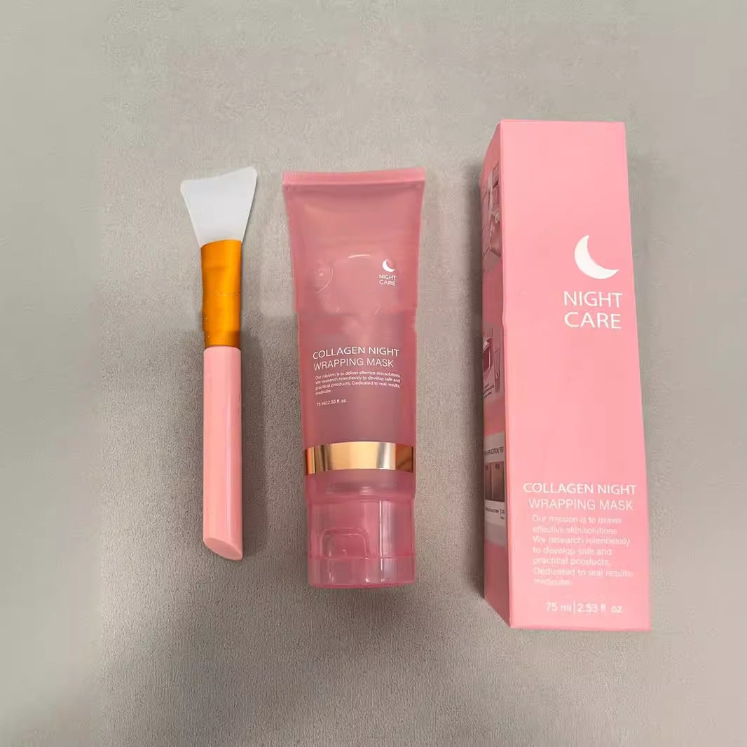 Masque facial nuit au collagène raffermissant et hydratant, flacon 75ml avec pinceau pour application précise