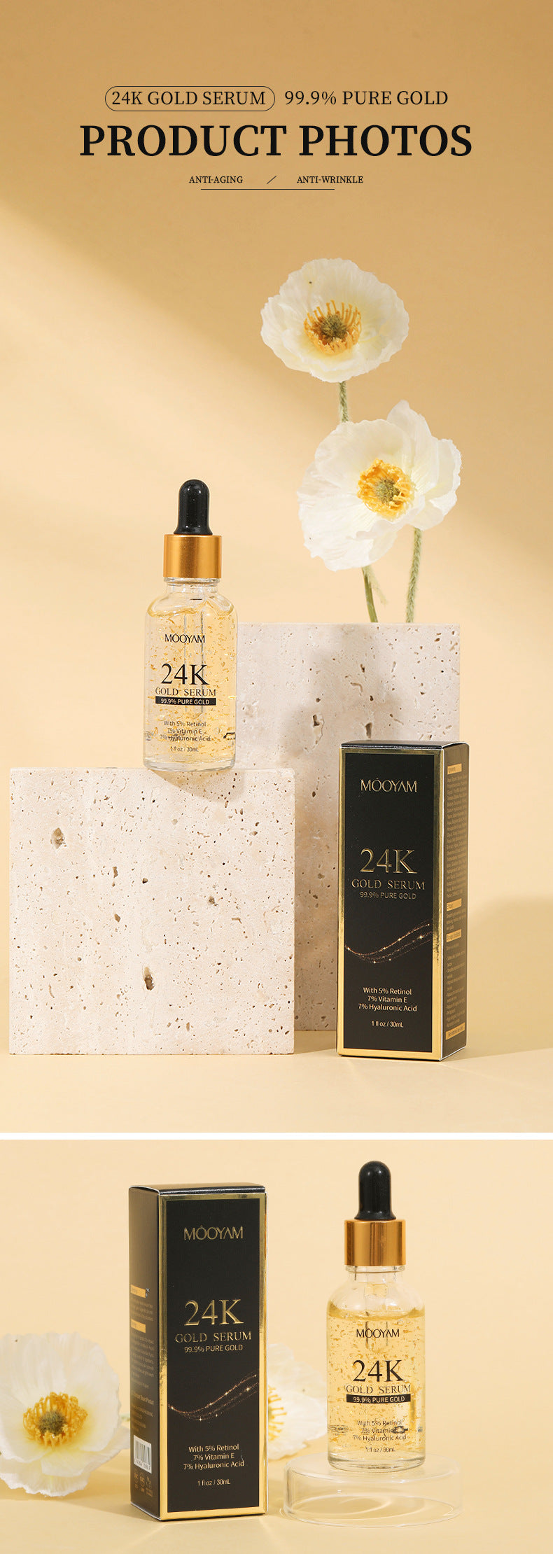 24K Gold Foil facial serum bottle with vitamin E and retinol for anti-aging and lifting effects