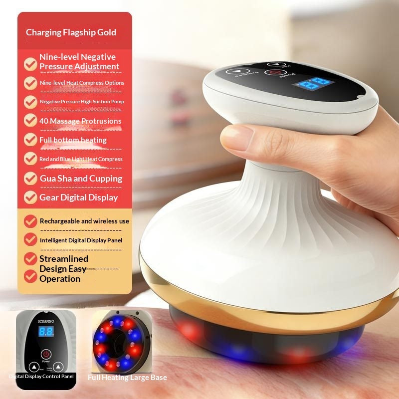 Masseur Gua Sha électrique rechargeable avec ventouses, méridiens, massage abdominal, 6 ou 9 vitesses, design or et rouge.