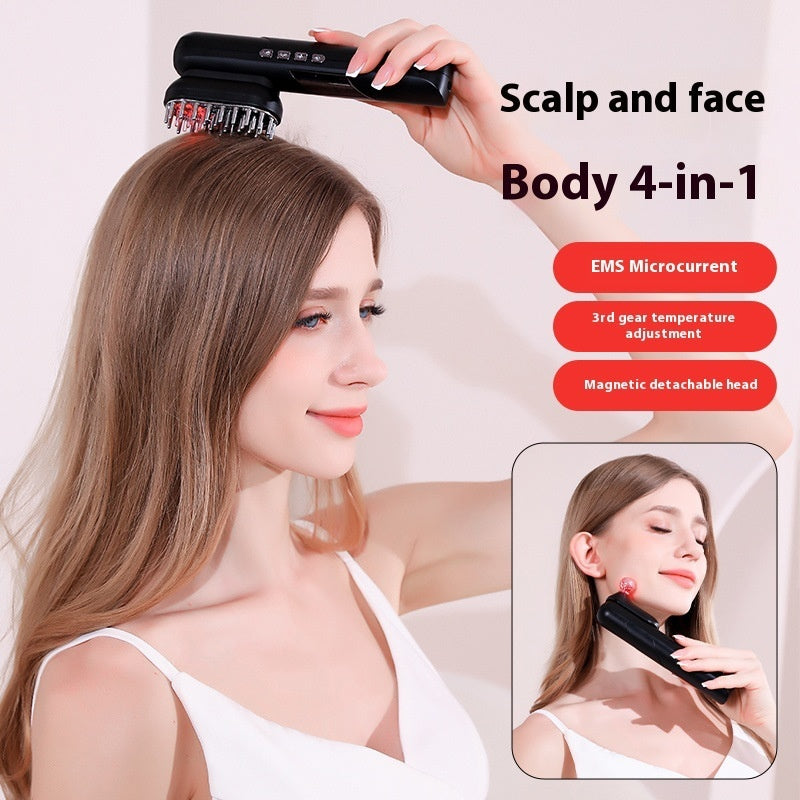 Peigne massant beauté quatre-en-un avec lumière rouge, EMS, soin cuir chevelu et fonction rechargeable pour stimuler la pousse des cheveux