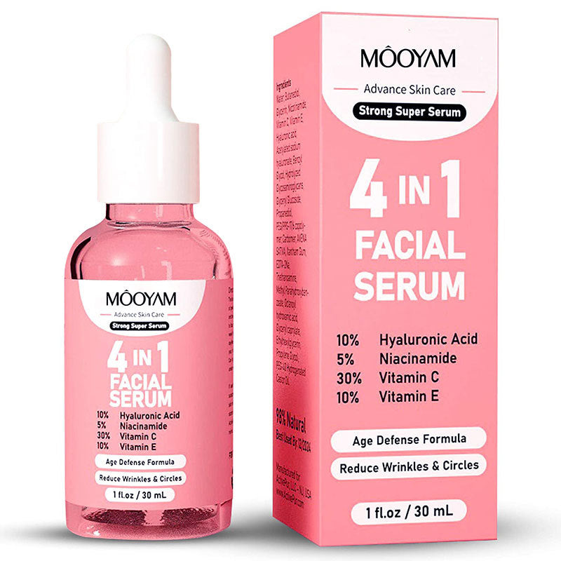 Flacon de sérum visage 4-en-1 avec acide hyaluronique pour hydratation et éclat peau