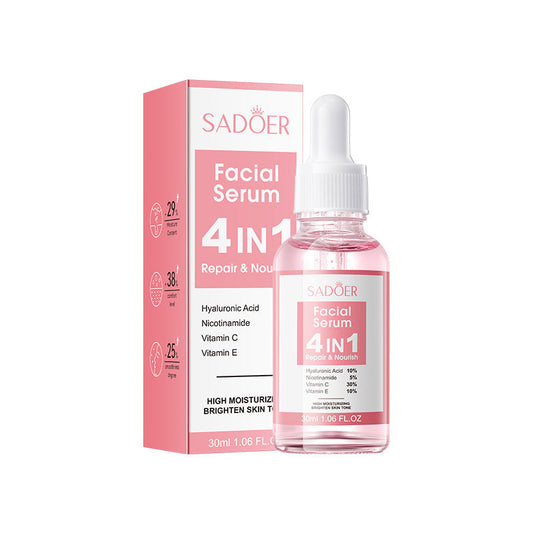 Flacon de sérum visage 4-en-1 avec acide hyaluronique pour éclat et hydratation intense.