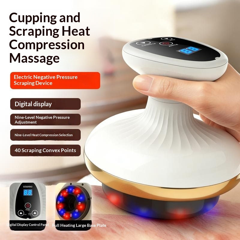 Masseur Gua Sha électrique rechargeable or et rouge avec ventouses et brosse méridienne pour massage abdominal et stimulation des méridiens.
