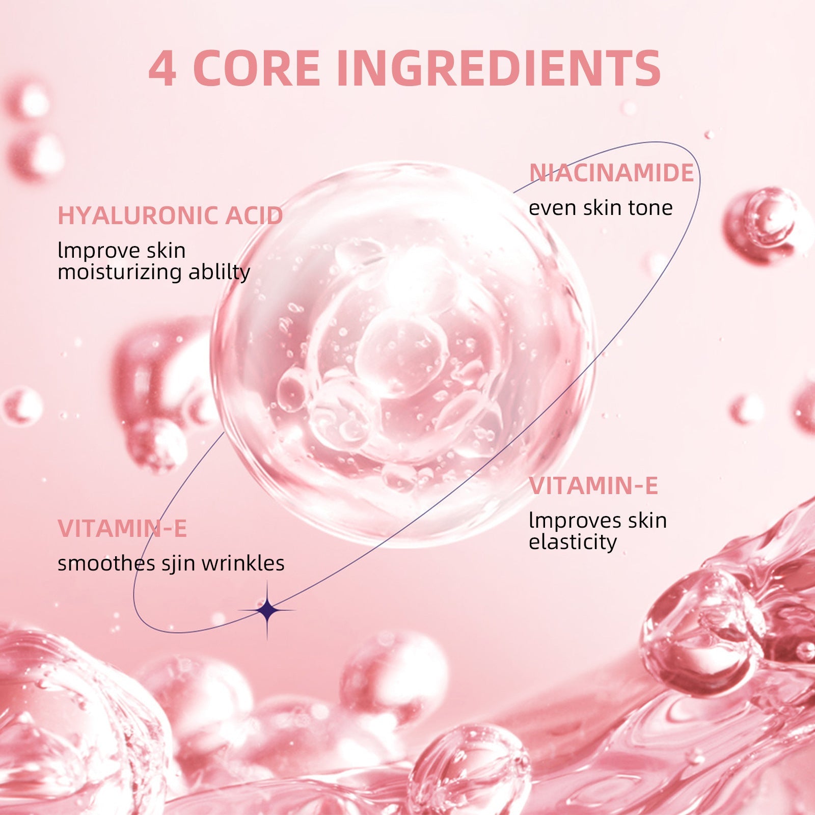 Flacon de sérum visage 4-en-1 avec acide hyaluronique pour hydratation et éclat peau