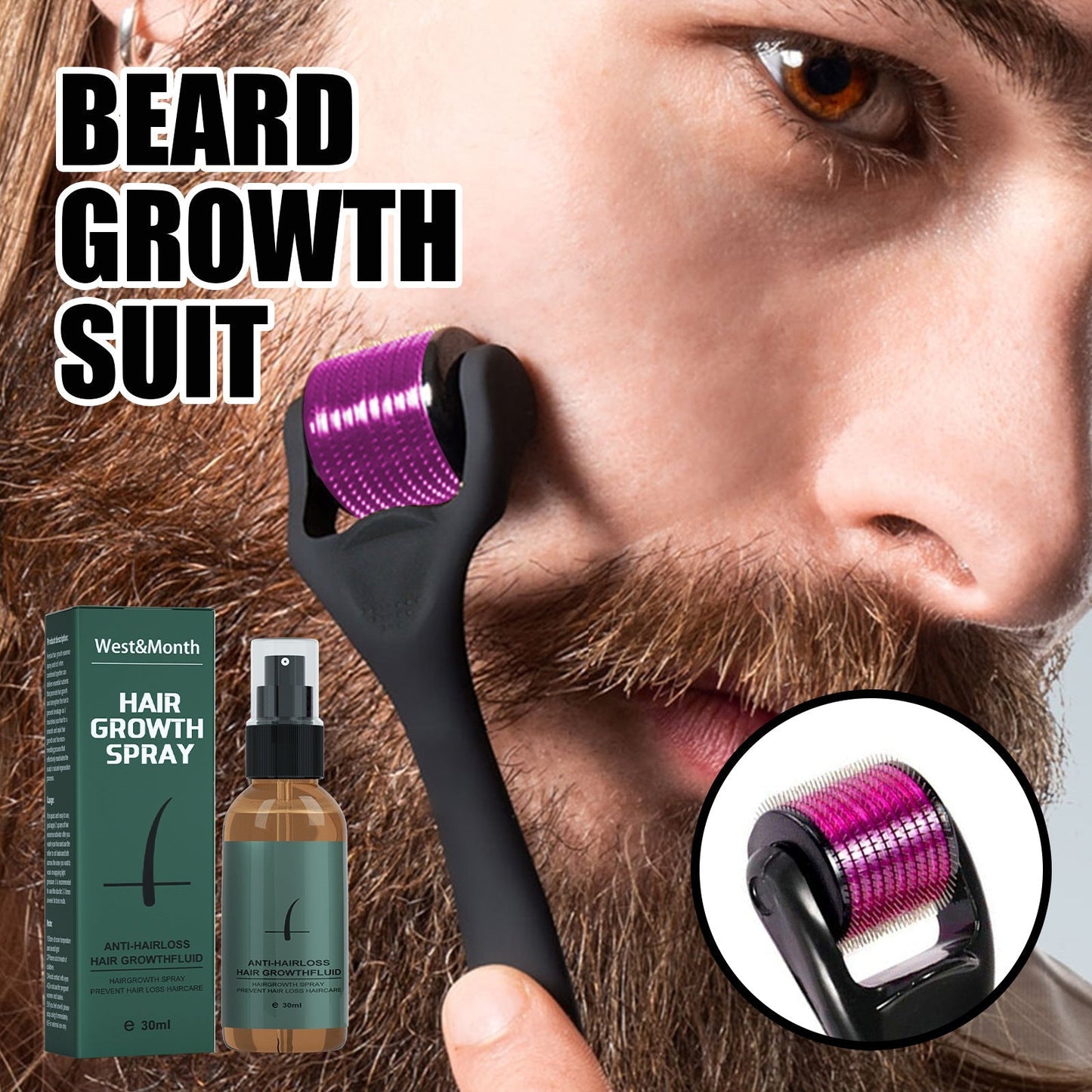Spray soin pour barbe hydratant 30ml avec roller applicateur pour croissance et entretien