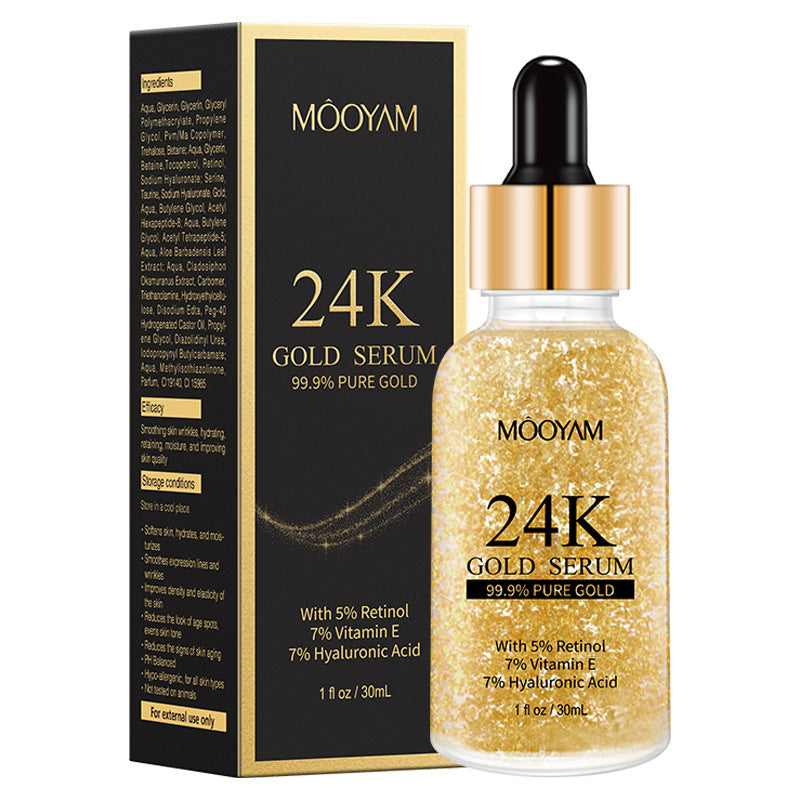 24K Gold Foil facial serum bottle with vitamin E and retinol, anti-aging and lifting skincare product 30ml