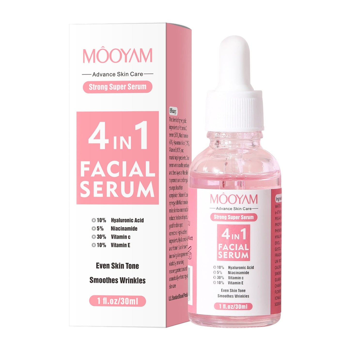 Flacon de sérum visage 4-en-1 avec acide hyaluronique pour hydratation et éclat
