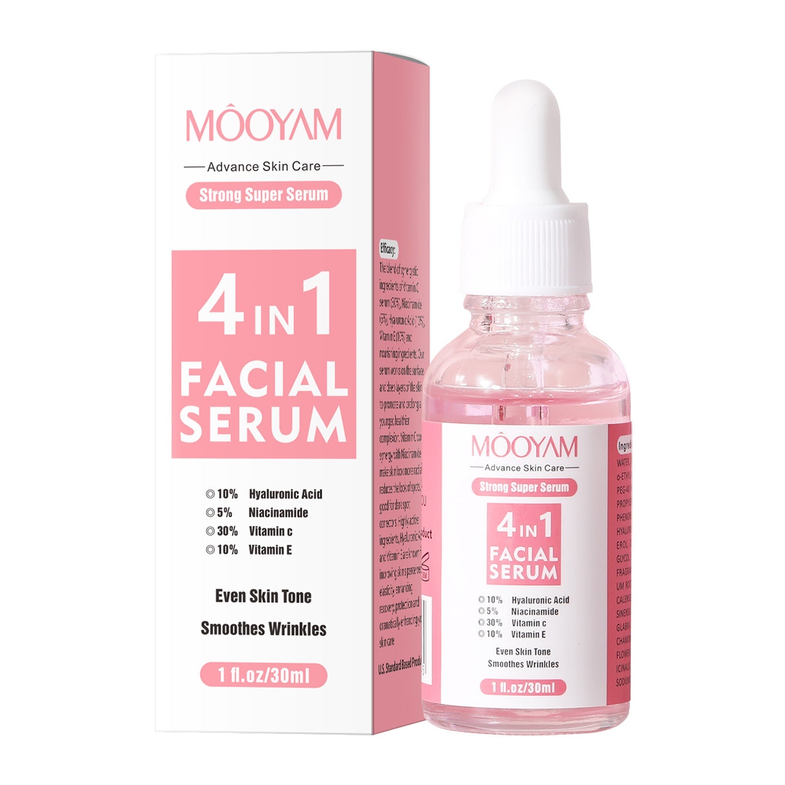 Flacon de sérum visage 4-en-1 avec acide hyaluronique pour hydratation et éclat