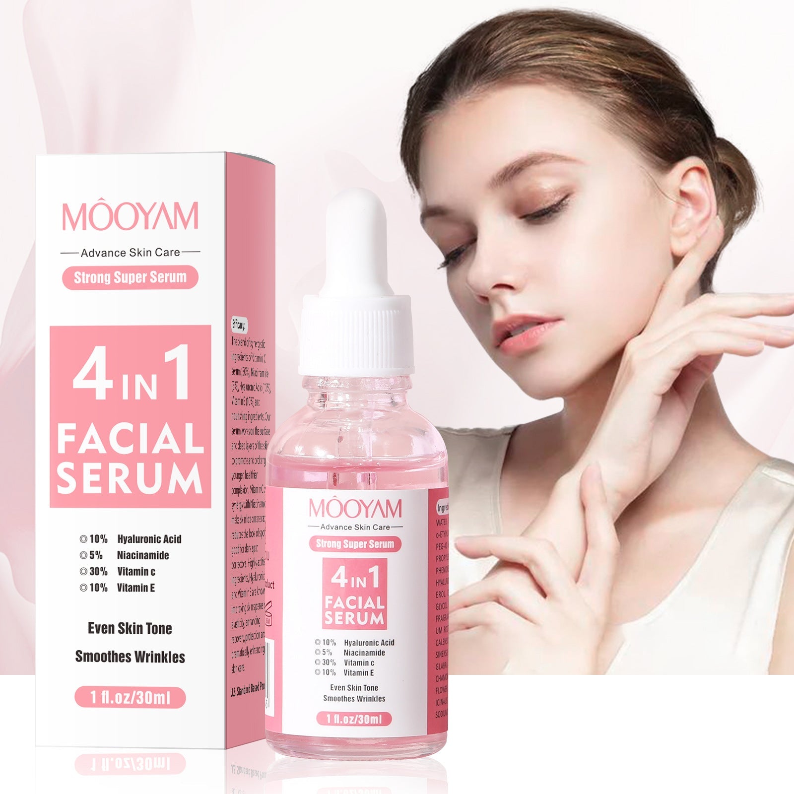 Flacon de sérum visage 4-en-1 avec acide hyaluronique pour hydratation et éclat cutané