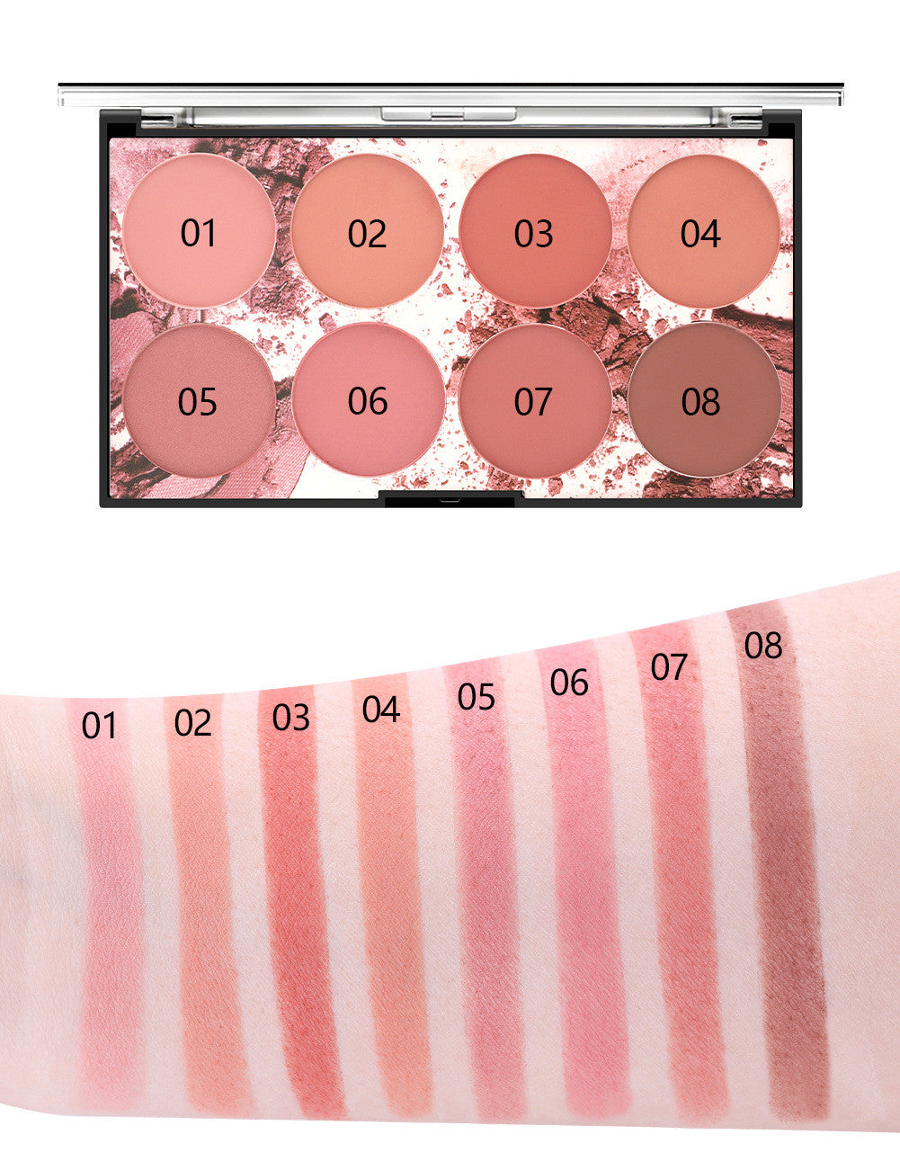 Palette blush 8 teintes Miss Rose fini mat longue tenue avec teintes chaudes pour teint ensoleillé