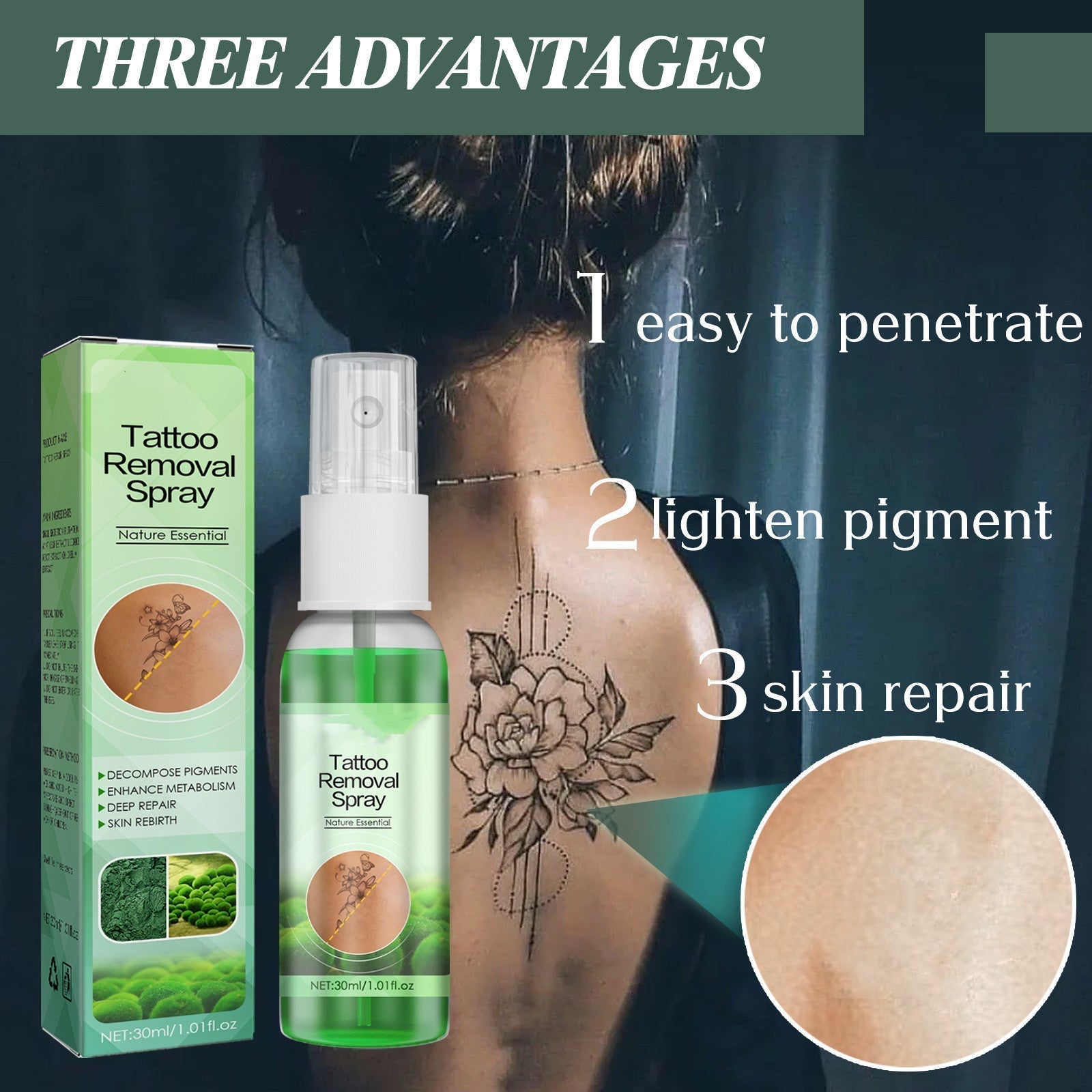 Spray effaceur de tatouage aux algues vertes pour réduction naturelle des pigments et mélanine, flacon 30ml