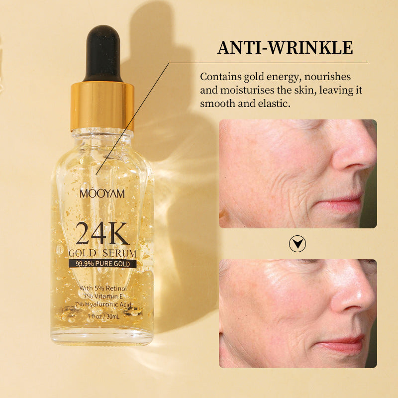 24K Gold Foil facial serum bottle with vitamin E and retinol for anti-aging and skin brightening in 30ml packaging