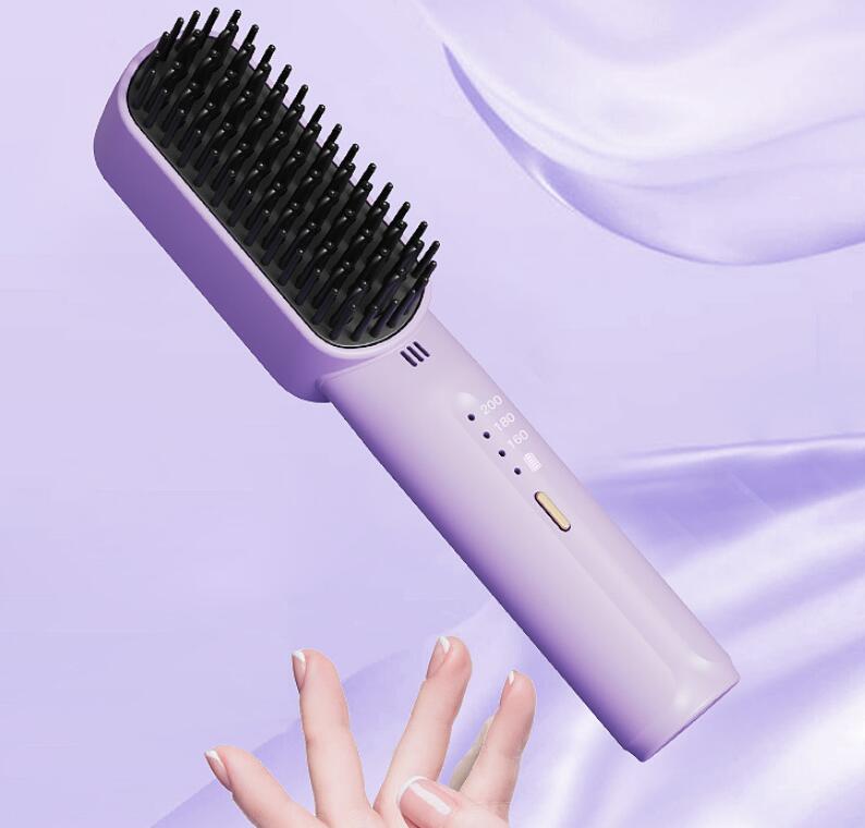 Mini rechargeable USB hair straightening comb with 3 heat settings in a gift box