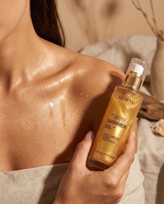 Flacon huile illuminatrice liquide nacrée pour le corps et le visage en 5 teintes, effet glow naturel